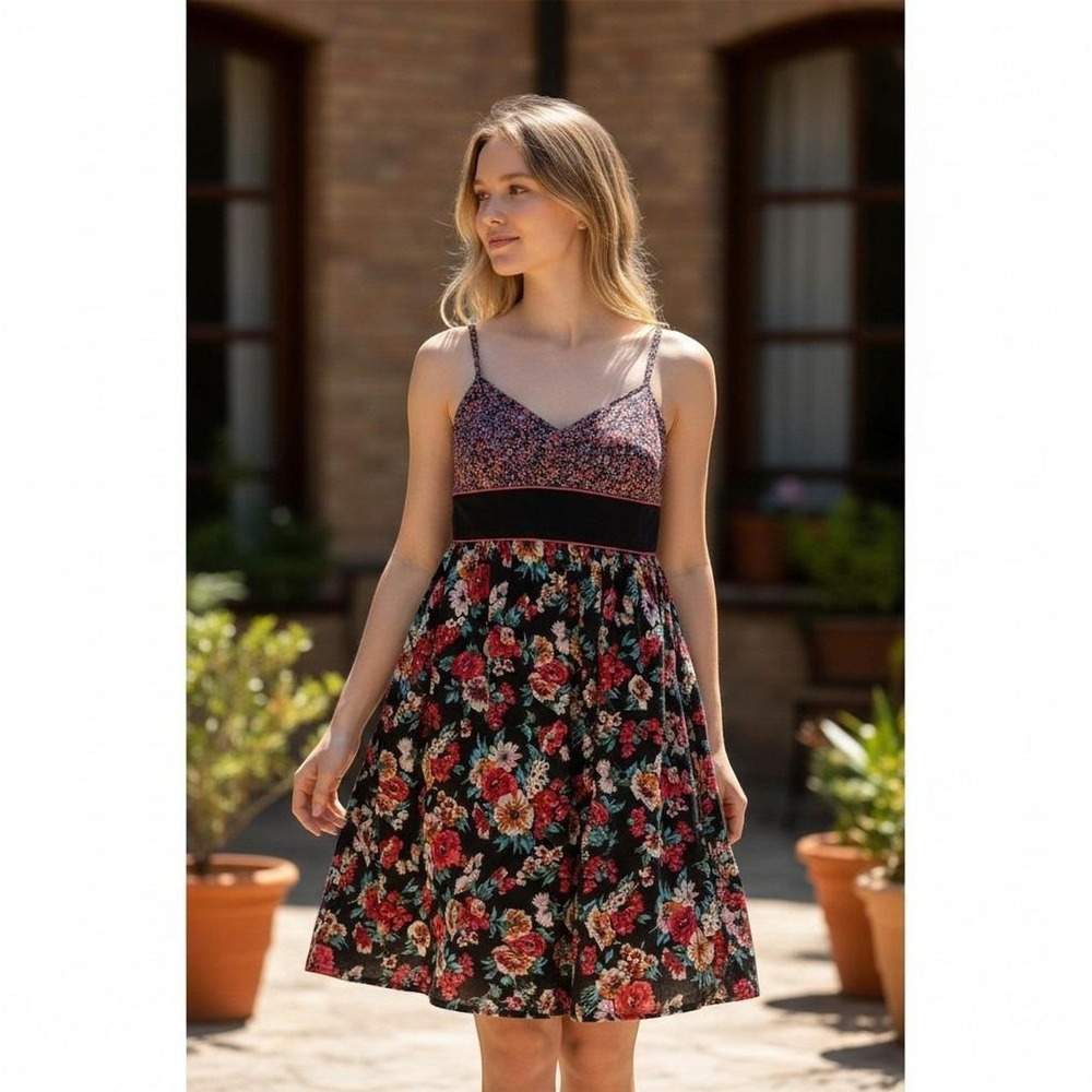 Vintage 2010 Cottagecore Empire Waist Bow tie-back Mixed Floral Sundress Size-S